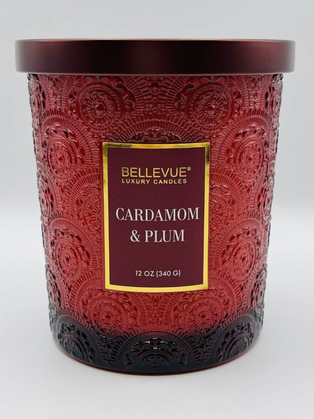 Bellevue Luxury Candle - Cardamom & Plum 12oz - Embossed Glass Jar